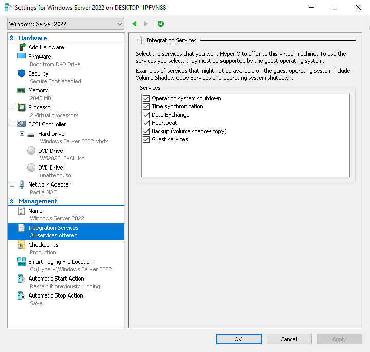 Hyper-V Integration Services settings
